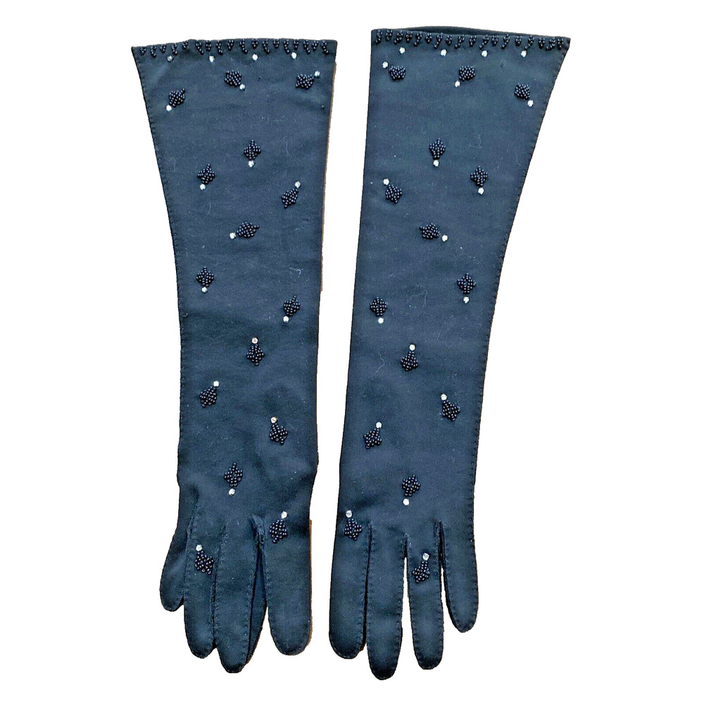 Gimbels Hong Kong Bead & Rhinestone Black Cotton Dressy Elbow Gloves 6.5 Vintage